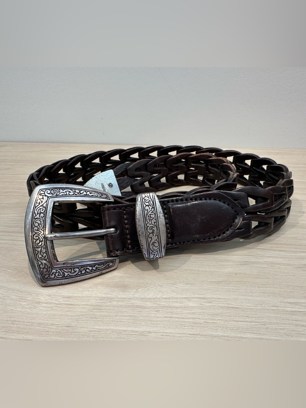 Brighton Dark Brown Looped Leather Belt with Engraved Silver Accents